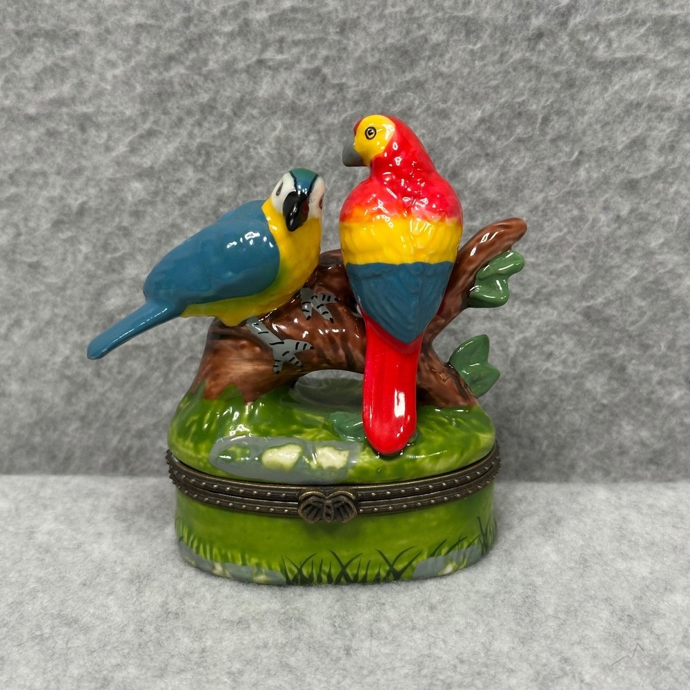 VTG Tropical Macaw Parrots Porcelain Hinged Trinket Box with Mini Bird Figurine